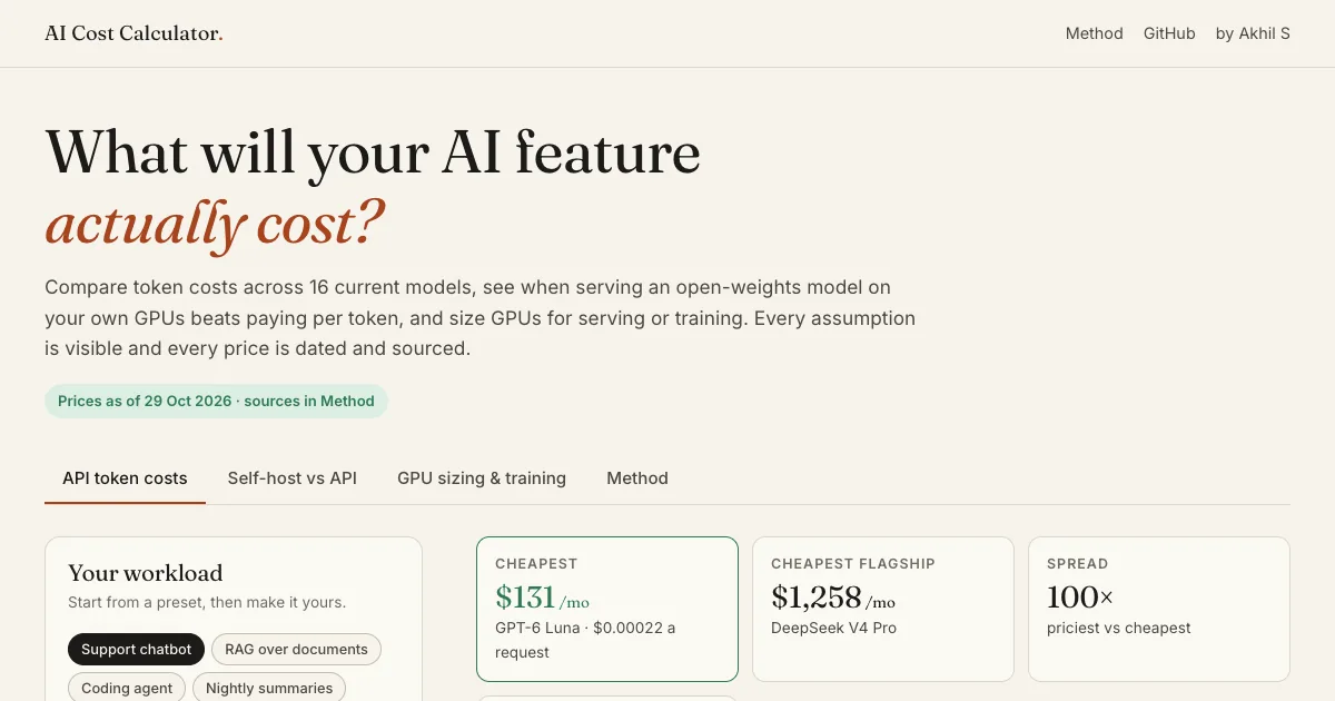 AI Cost Calculator: workload inputs on the left and monthly cost cards for the cheapest model, cheapest flagship and price spread