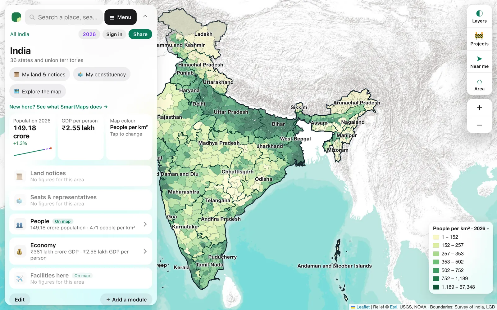 SmartMaps: all of India coloured by people per km², with a card showing India’s population, GDP per person and the modules you can open