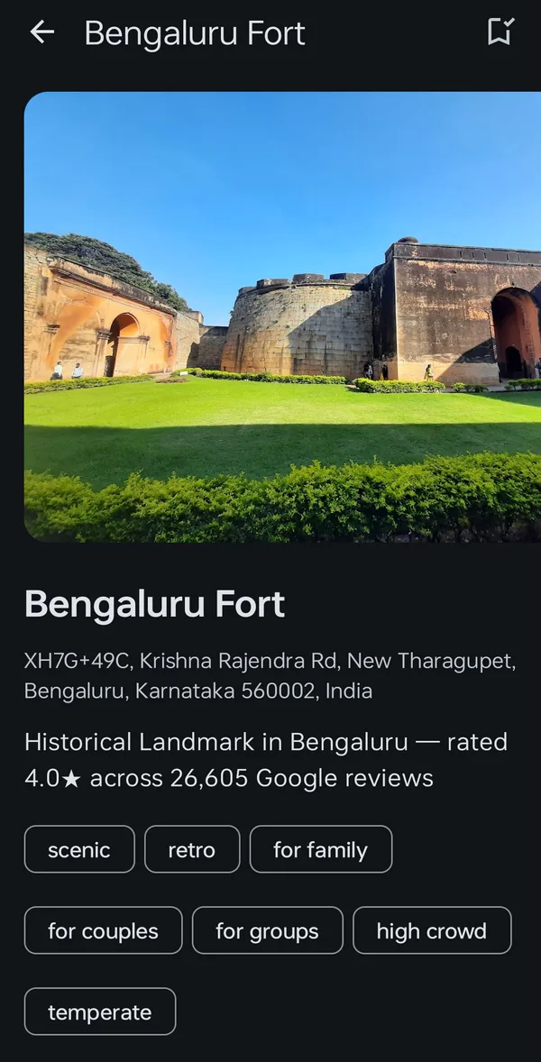 WeekendOut place detail screen for Bengaluru Fort, with a photo, Google rating and tags such as scenic, retro and for family