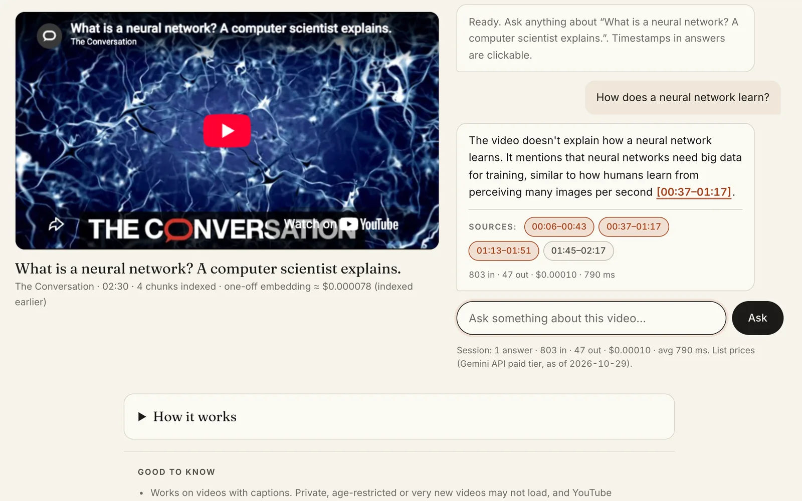YouTube Chat AI: a video beside a grounded answer with a clickable timestamp, source chips and the answer's token cost