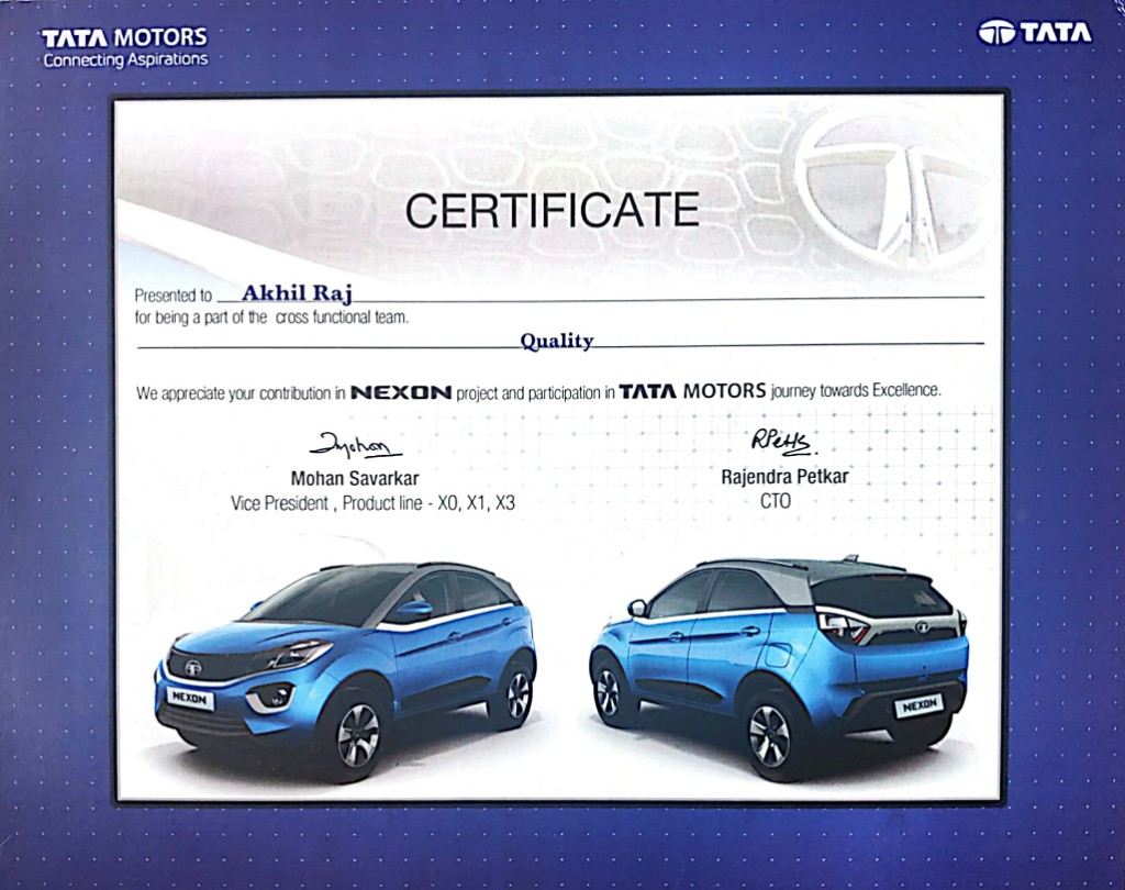 Tata Motors Nexon Project — Award Certificate from CTO Rajendra Petkar and VP Mohan Savarkar